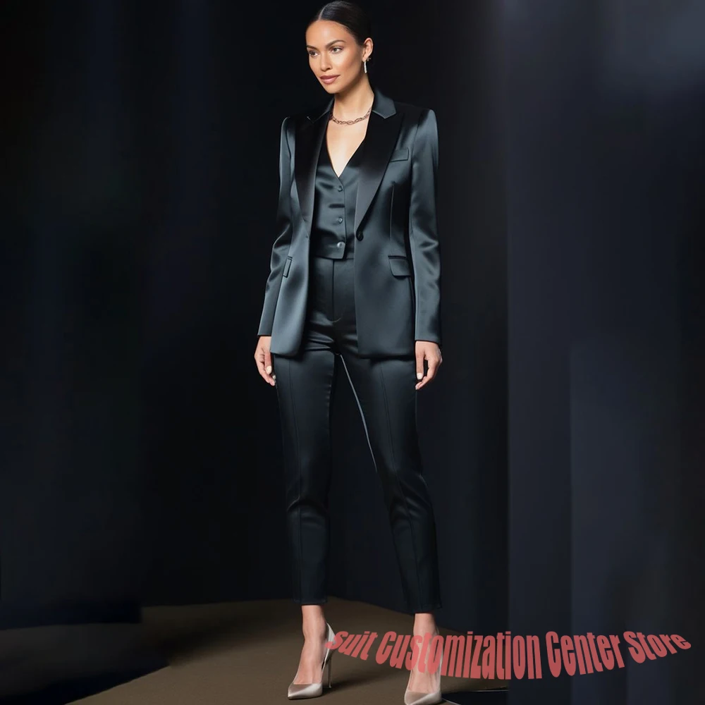 

Женская черная атласная одежда, комплект из 3 предметов (куртка + жилет + брюки), элегантный профессиональный офисный женский наряд, официальная одежда для вечеринок