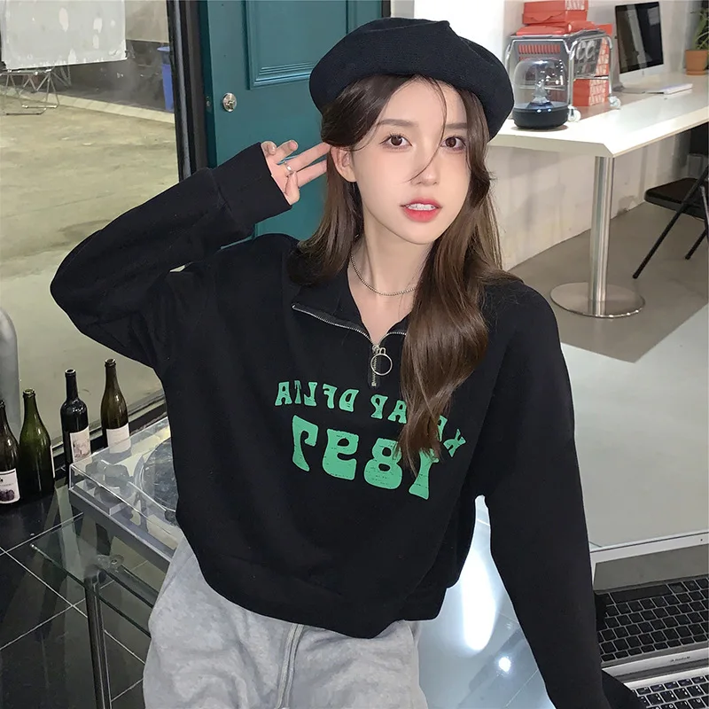 Korean Women's Polo Collar Short Hoodie 2024 New Loose Fit Vintage Sweatshirt Letter Printed Design Top Spring Autumn Thin Shirt