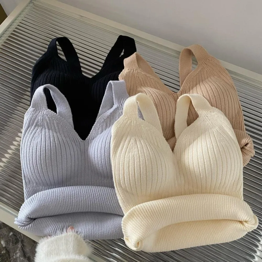 V-Neck Design Thermal Underwear Vest One-Piece Cup Heat-Generating Knitted Wool Vest Chest Pad Strap Style Slimming Inner Wear