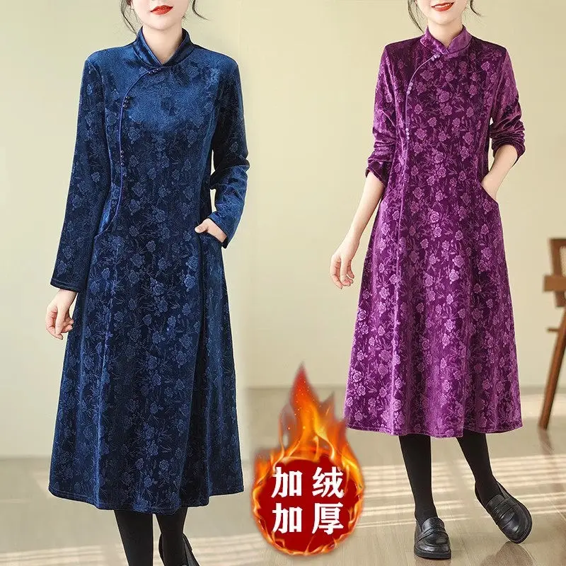 2023 Winter Plush Velvet Dress Improved Qipao Women's Slim Fit Thicken Warm Qipao Dress High End Elegant Floral Cheongsam Z4353