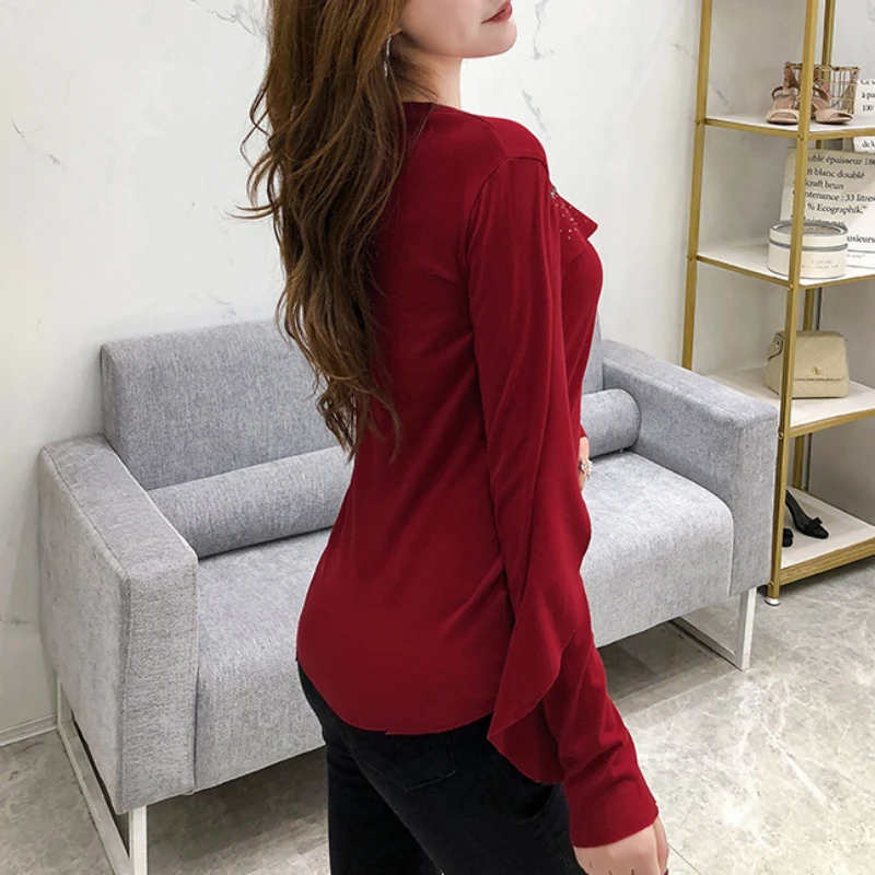 Spring Autumn New Fashion Round Neck Long Sleeve Solid T-Shirts T-Shirts Ruffles Diamonds Pullovers Simplicity Patchwork Tops