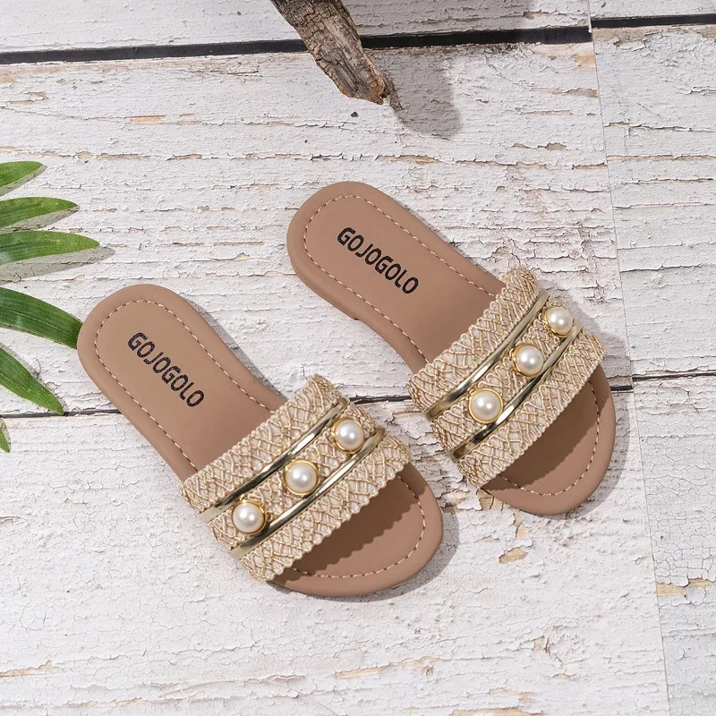 

Children Slippers Girls Artificial Button Decor Anti-Slip Round Toe Flat Sandals Fashion Casual Beach Daily Wear Kids Shoes