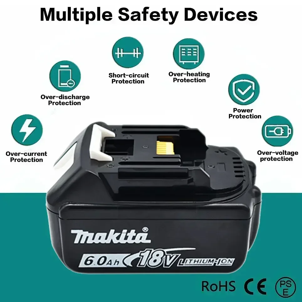 Makita-100% Original Rechargeable Power Tool Battery, Replaceable LED Lithium-ion, 6.0 Ah 18V LXT BL1860B BL1860BL1850