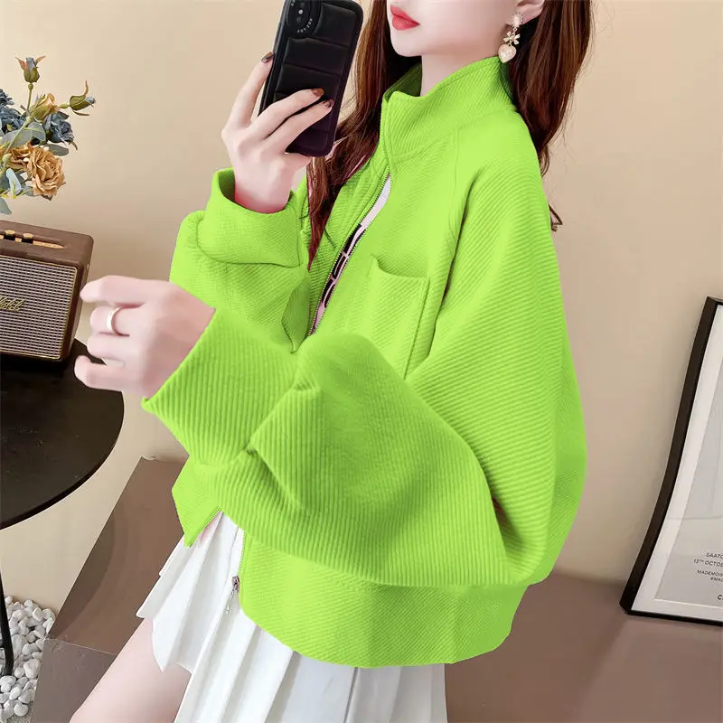 Casaco de gola para mulher primavera outono coreano moda chique solto streetwear zíper cardigan feminino moletom jaqueta roupas