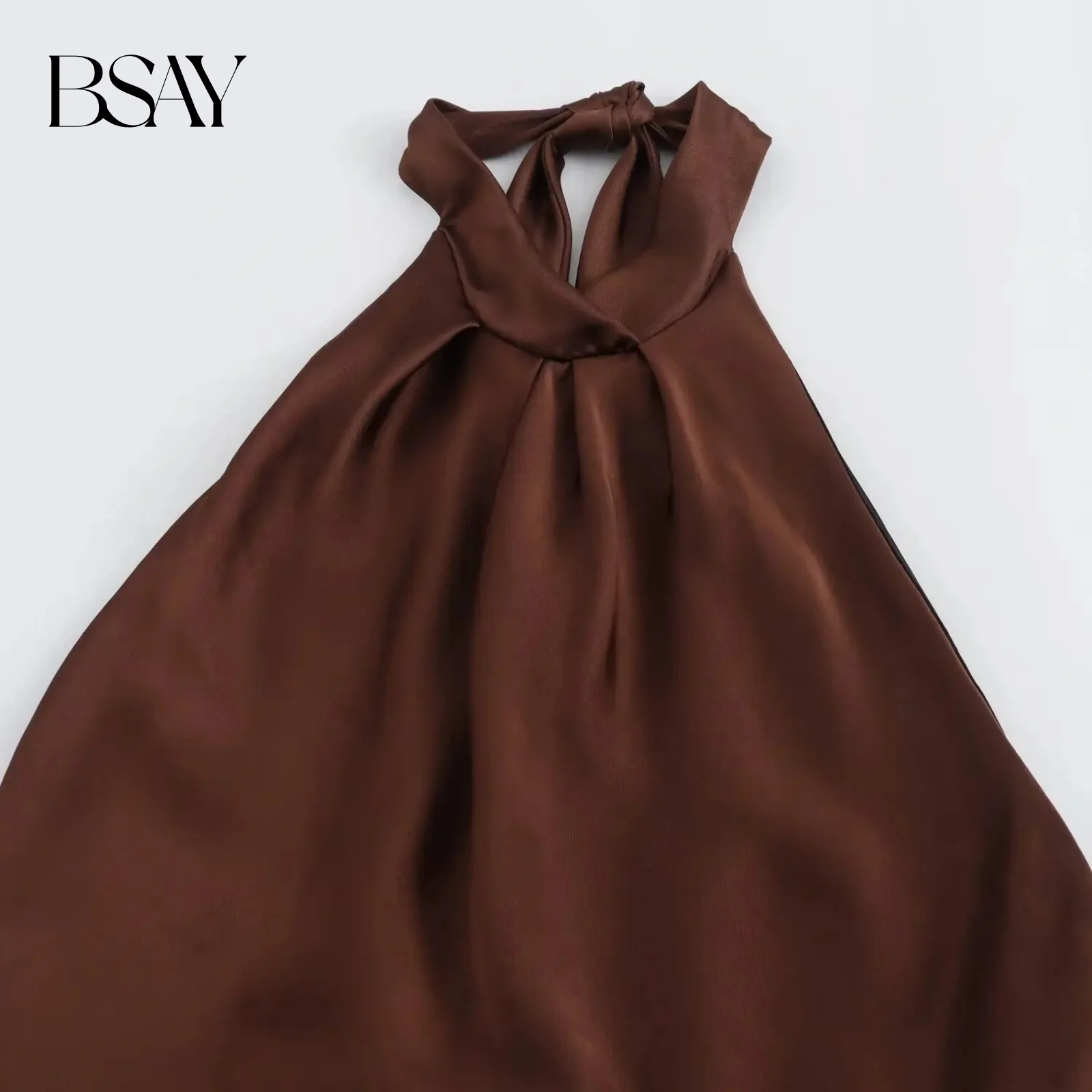 BSAY 女性ファッション夏の新サテンテクスチャノースリーブホルターセクシーな背中の開いたロングドレスシックな女性ヴィンテージブラウンイブニング
