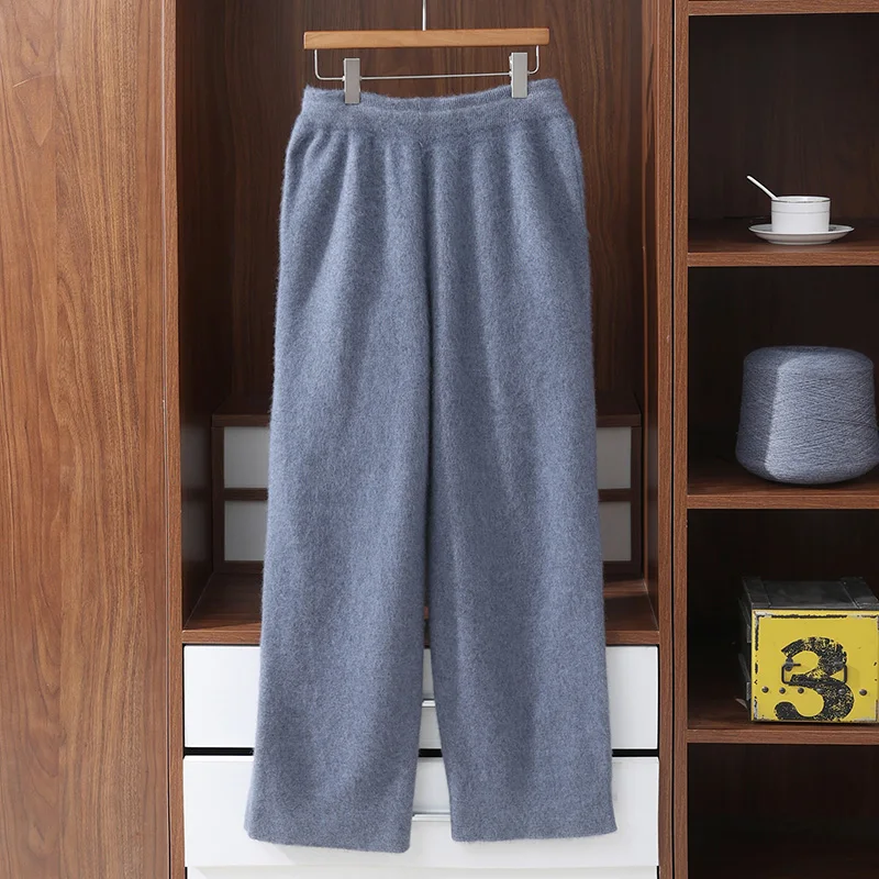 

100% Mink Cashmere Warm Autumn And Winter Pants High Waist Simple Style Knitwear Office Men Elastic Waist Trousers