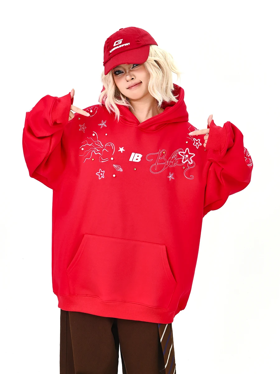 

Женская толстовка с жемчужным декором, свободного кроя, в американском университетском стиле, весна 2026, новинка, уличная одежда