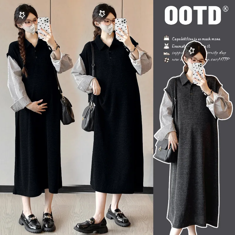 2025 جديد الخريف فستان حمل وهمية قطعتين بولو طوق مخطط كم طويل فستان محبوك الفرنسية عادية فضفاض #3