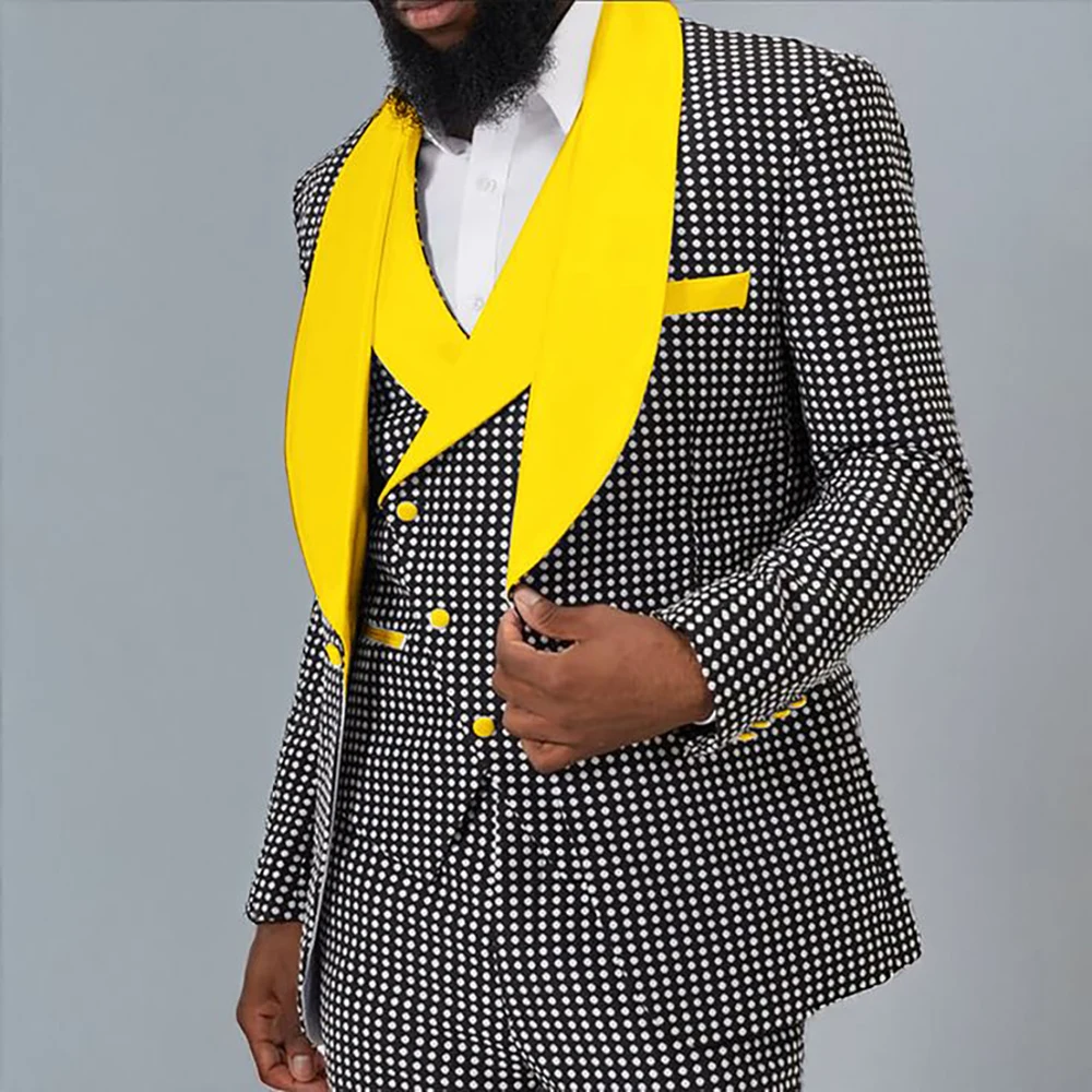 

Customized Men's Suits Polka-dot Yellow Single-grain Buckle Peak Lapel Three Pieces(Jacket+Pants+Vest) Office Business Set