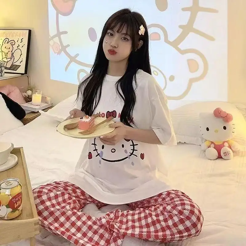 

Новый пижамный комплект Sanrio Hello Kitty для женщин, домашняя повседневная одежда, свободные шорты с короткими рукавами и длинные брюки в клетку, летняя всесезонная ночная одежда для улицы