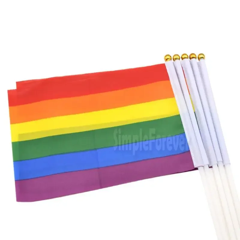 14*21cm Gay Pride Flag Lesbian LGBT Colorful Hand Waving Banners with Plastic Flagpoles