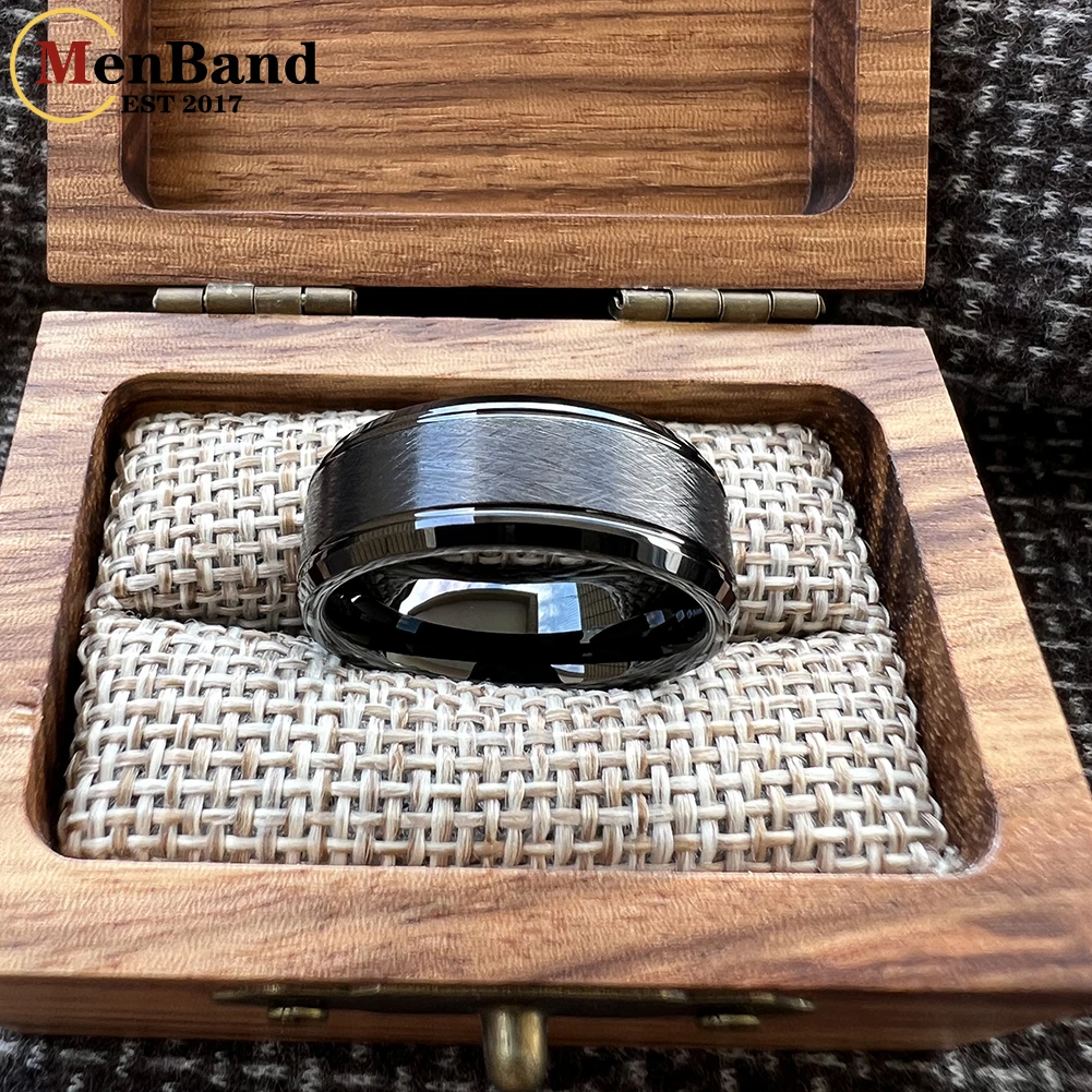 MenBand 8mm Black Tungsten Wedding Rings For Men Women Bevel Edges Satin Finish Comfort Fit Size 5-15