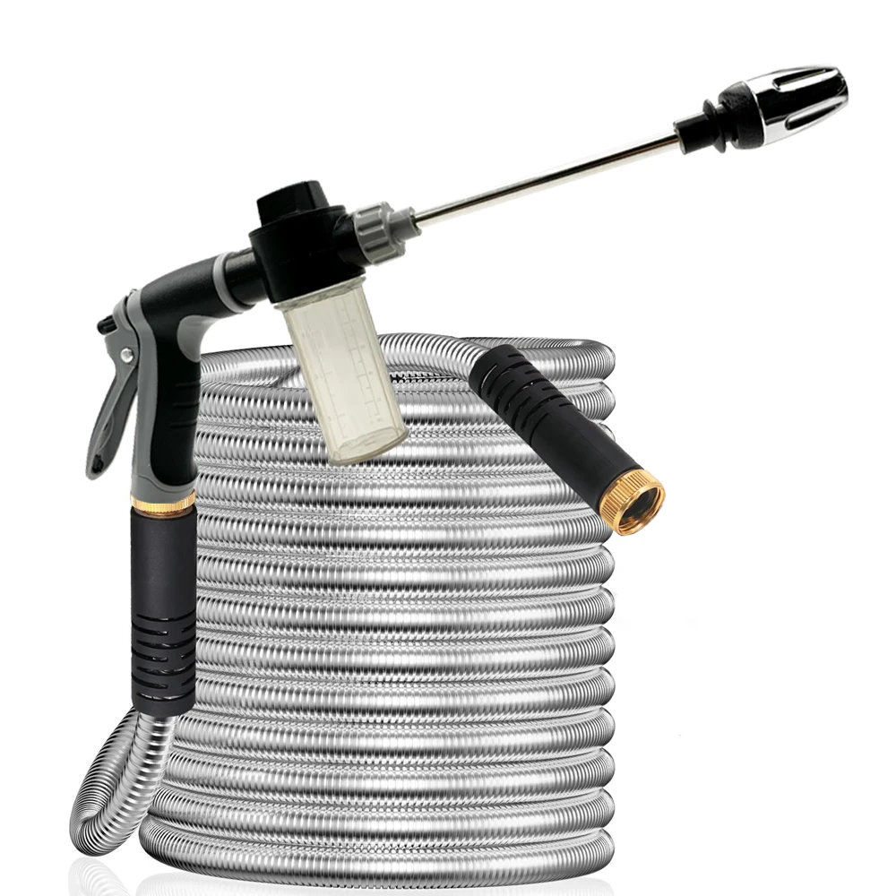High Pressure Duty Stainless Steel Garden Hose – Flexible Metal Water Hose – Kink Proof & Anti-Kink – Adjustable Brass Nozzle ﻿