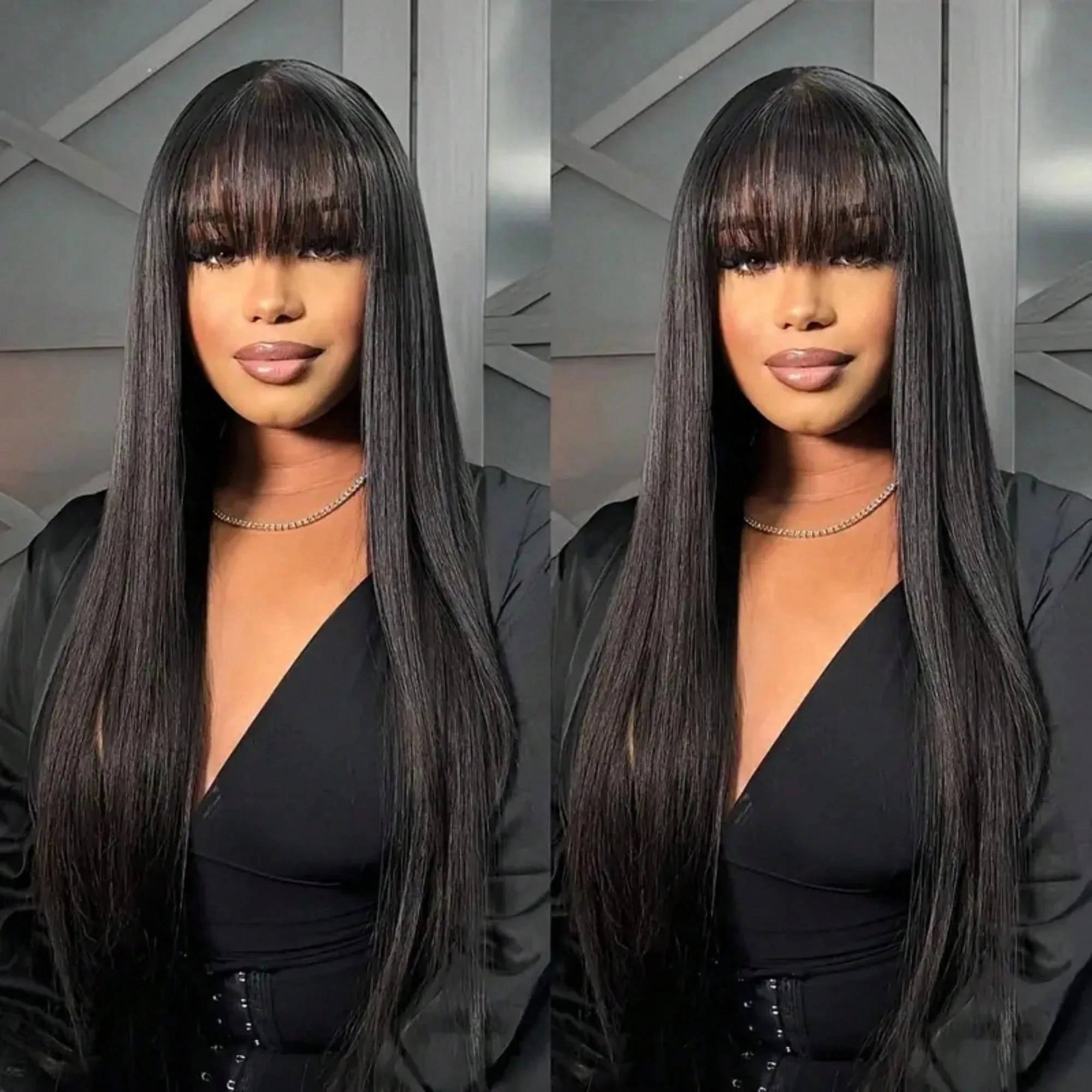 3x1 Middle Part Bone Straight Human Hair Wig With Bangs Cheap Wigs Full Machine Made Fringe Wigs 220% Density Upgrade Bang Wig 30 Inches