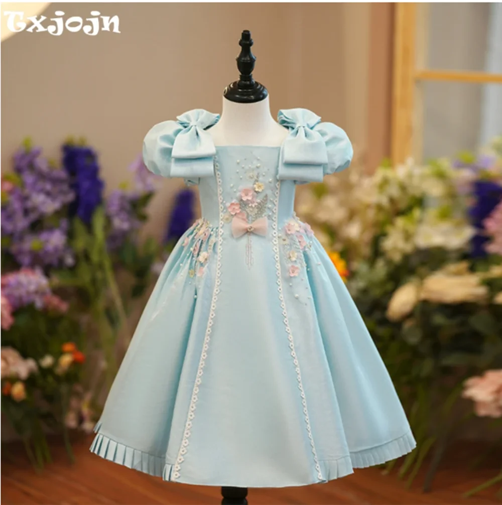 Light Blue Square Neck Puff Sleeves A-line Dresses For Girls Performance Activities Charming Beads Princess Gown Birthday Party