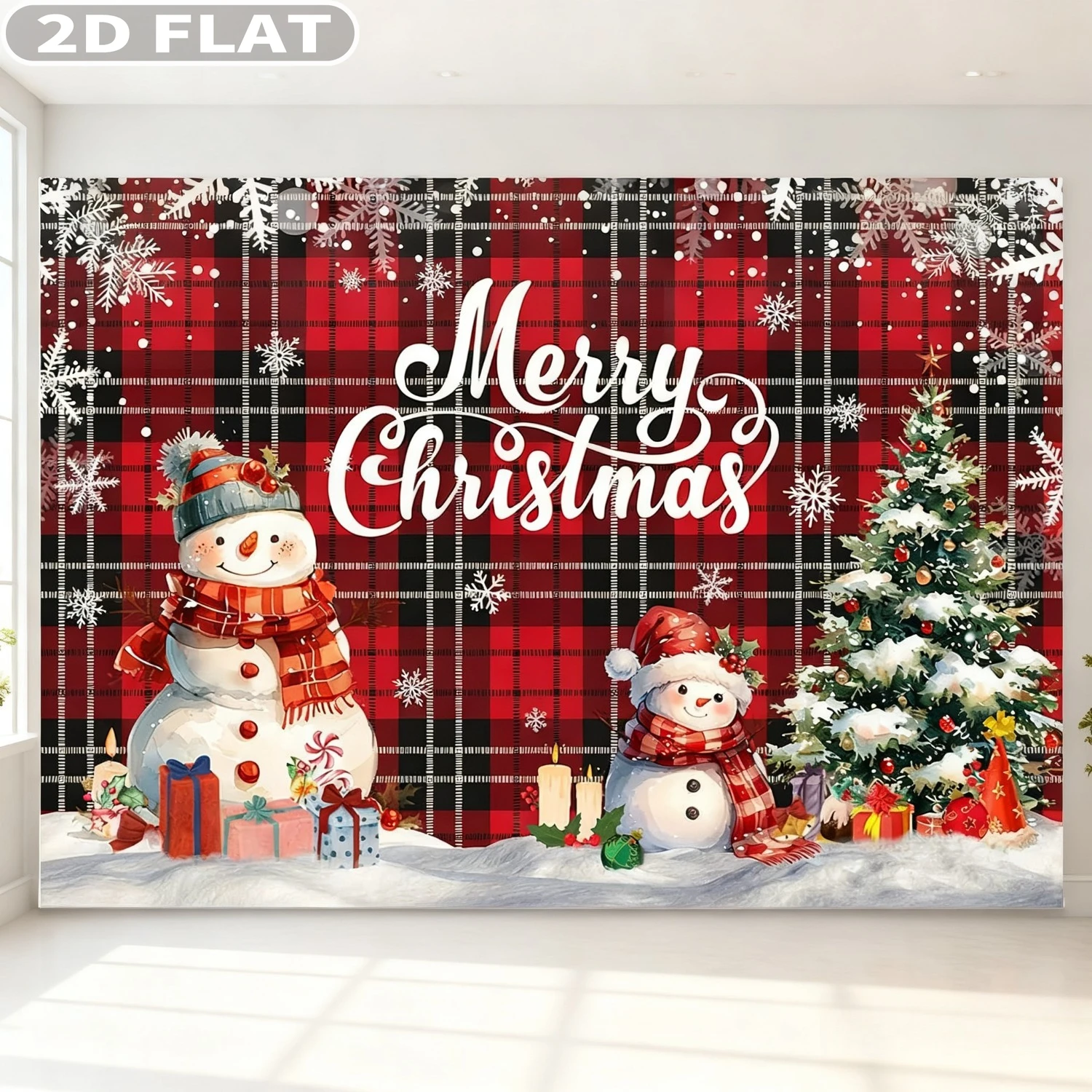 

1pc Red Merry Christmas Banner, Xmas Backdrop Studio Background , Polyester Xmas Red And Black Buffalo Plaid Party Decor
