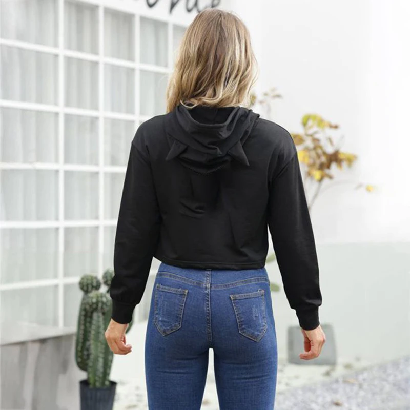 Women Long Sleeve Hoodies Casual Plus Size Pullovers Cat Ears Hoodie Solid Crop Top Black Sweatshirts Female Clothes