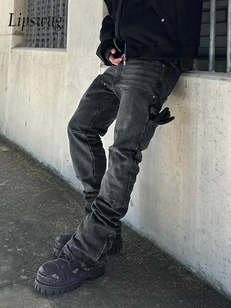 

Уличная одежда, мужские узкие джинсы, винтажные однотонные плиссированные лоскутные джинсовые брюки, мужские осенне-зимние уличные повседневные джинсовые брюки