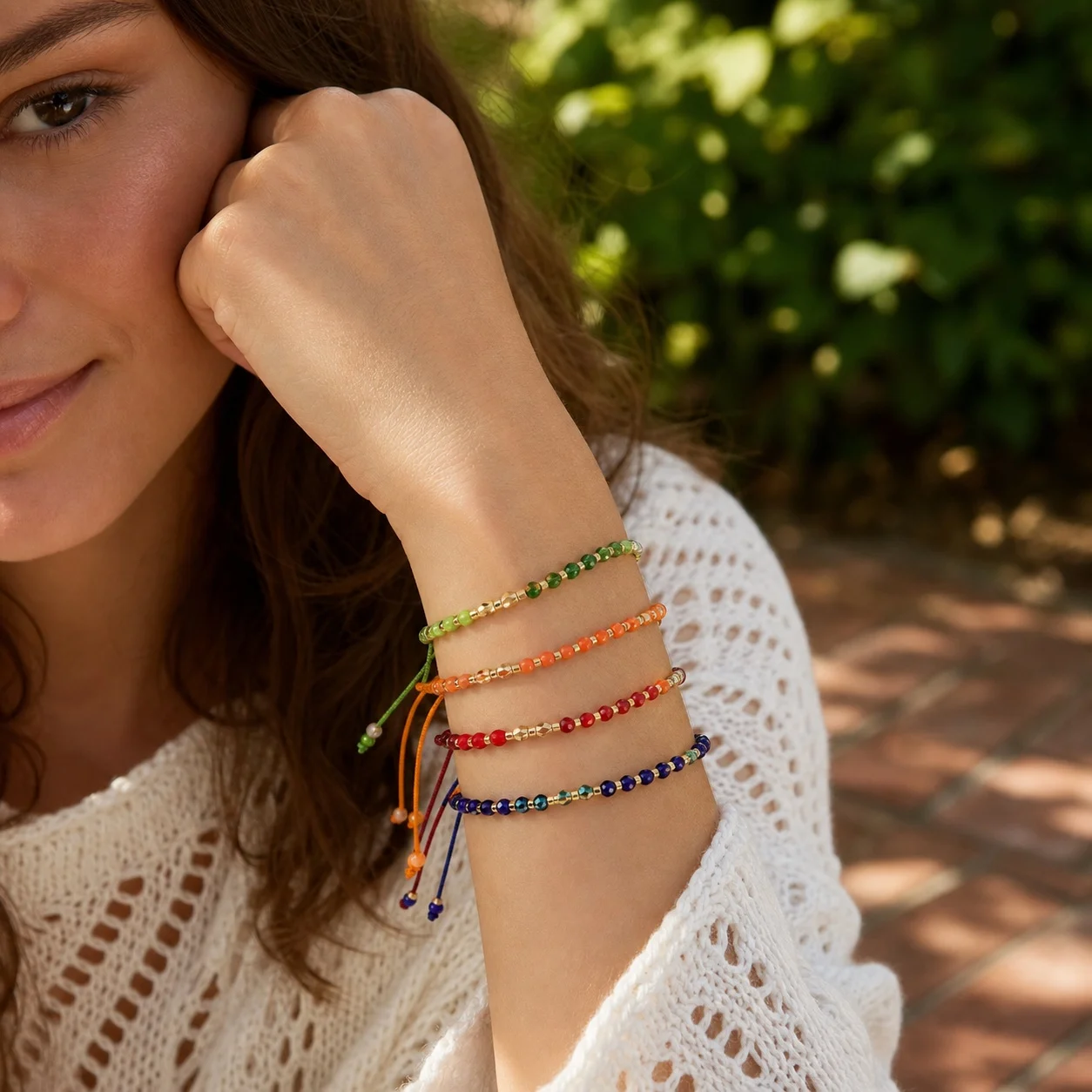 4pcs Colorful Round Glass Beaded String Bracelet Adjustable Tie Cord Boho Stackable Bracelet for Women and Men Summer Style