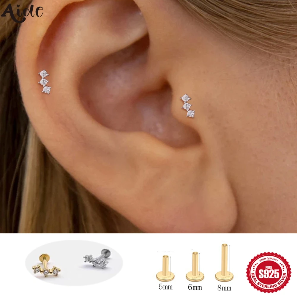 Aide 925 Sterling Silver Tiny Rivet Three Geometric Zircon Studs Flat Head Ear Bone Piercing For Women Multi-sized Ear Rod Jewel