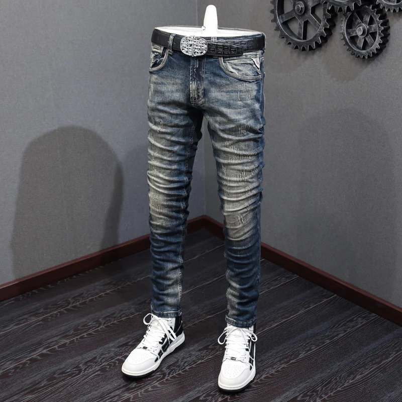 Fashion Designer Men Jeans High Quality Retro Washed Blue Elastic Slim Fit Ripped Jeans Men Vintage Casual Denim Pants Hombre