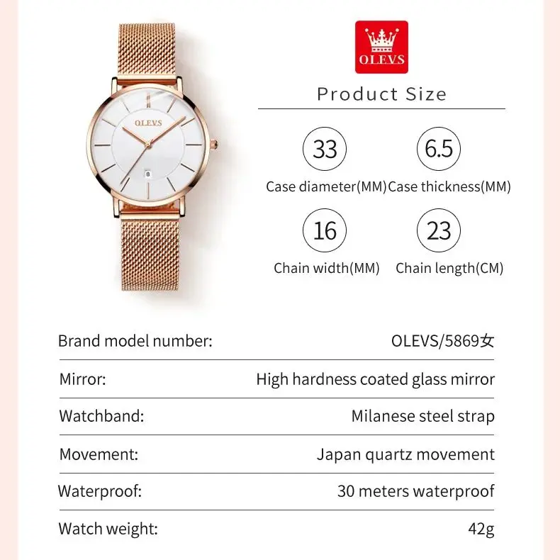 OLEVS Ultra thin Dial 6.5mm Women\'s Watches Japanese Movement Wristwatch Stainless Steel Mesh Strap Ladies Watch Luxury Brand