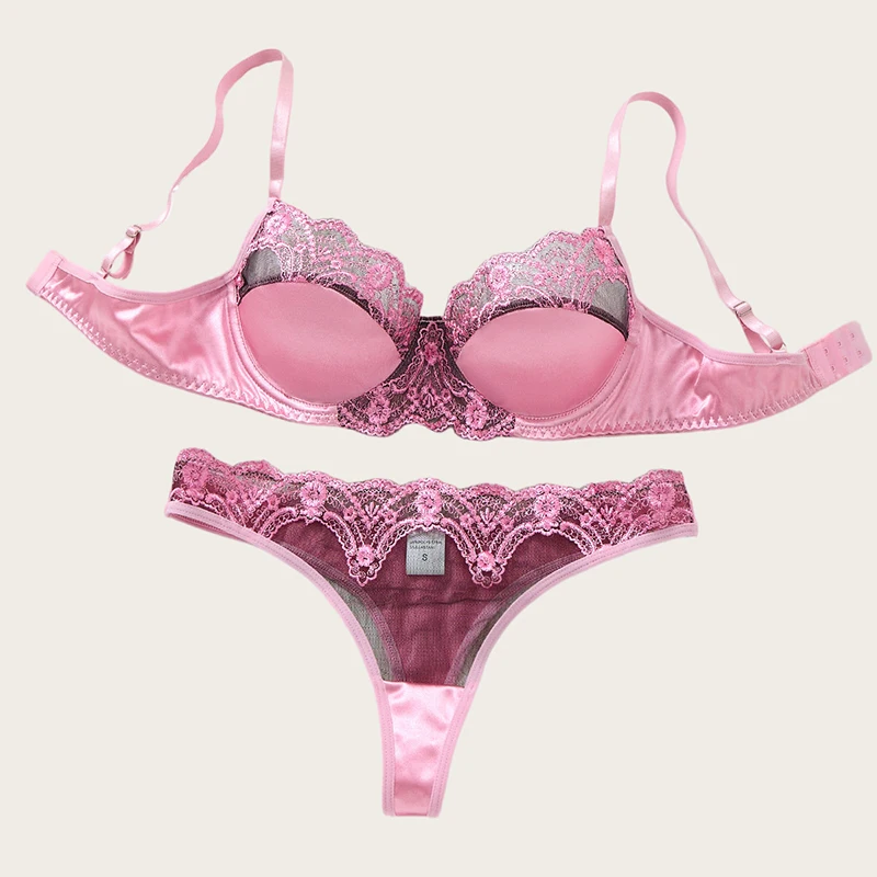 Image of Elegantes rosa Dessous-Set für Damen, Netzstoff mit Blumenstickerei, Push-up-BH-Set, luxuriöse, sexy Unterwäsche
