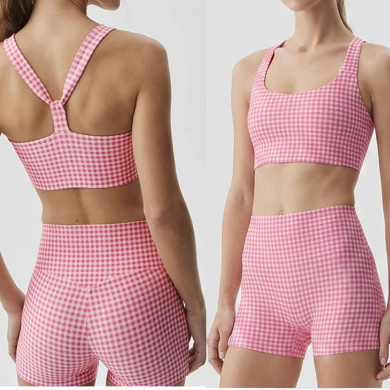 Women's Plaid Yoga Suit High Waisted Compression Shorts Suspender Bra Gym Fitness Outdoor SportswearGift headband