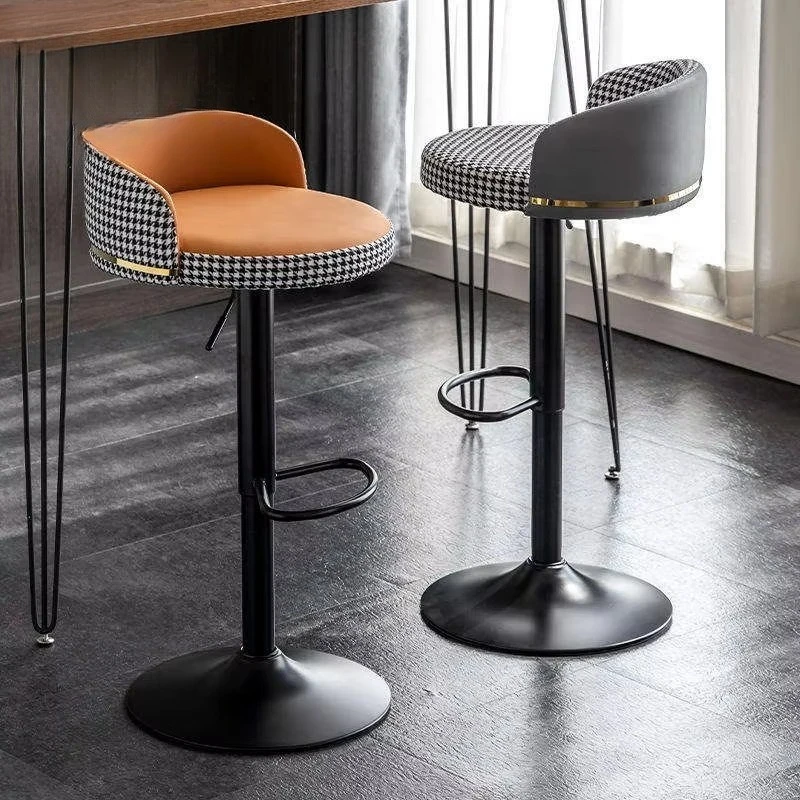 Luxury swivel bar stool with hydraulic lift, checked pattern and PU leather bar chair