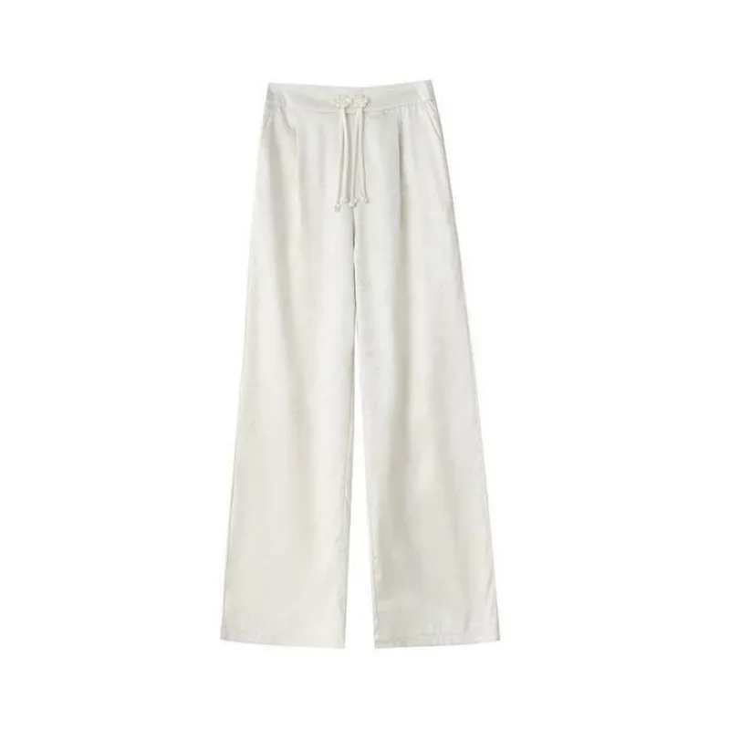 جديد النمط الصيني الاتجاه الوطني زر المطرزة الساتان بنطال ذو قصة أرجل واسعة المرأة عادية عالية الخصر التخسيس ثنى بنطلون طويل #5