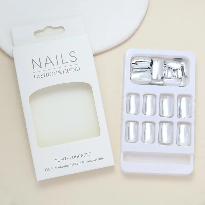 เล็บปลอม 24 ชิ้น รุ่น 2026 สีเงิน สีทอง เงาเมทัลลิก เล็บปลอมราคาถูก ติดเองได้ เล็บปลอมเหมือนจริง ชุดเล็บปลอมกดติด