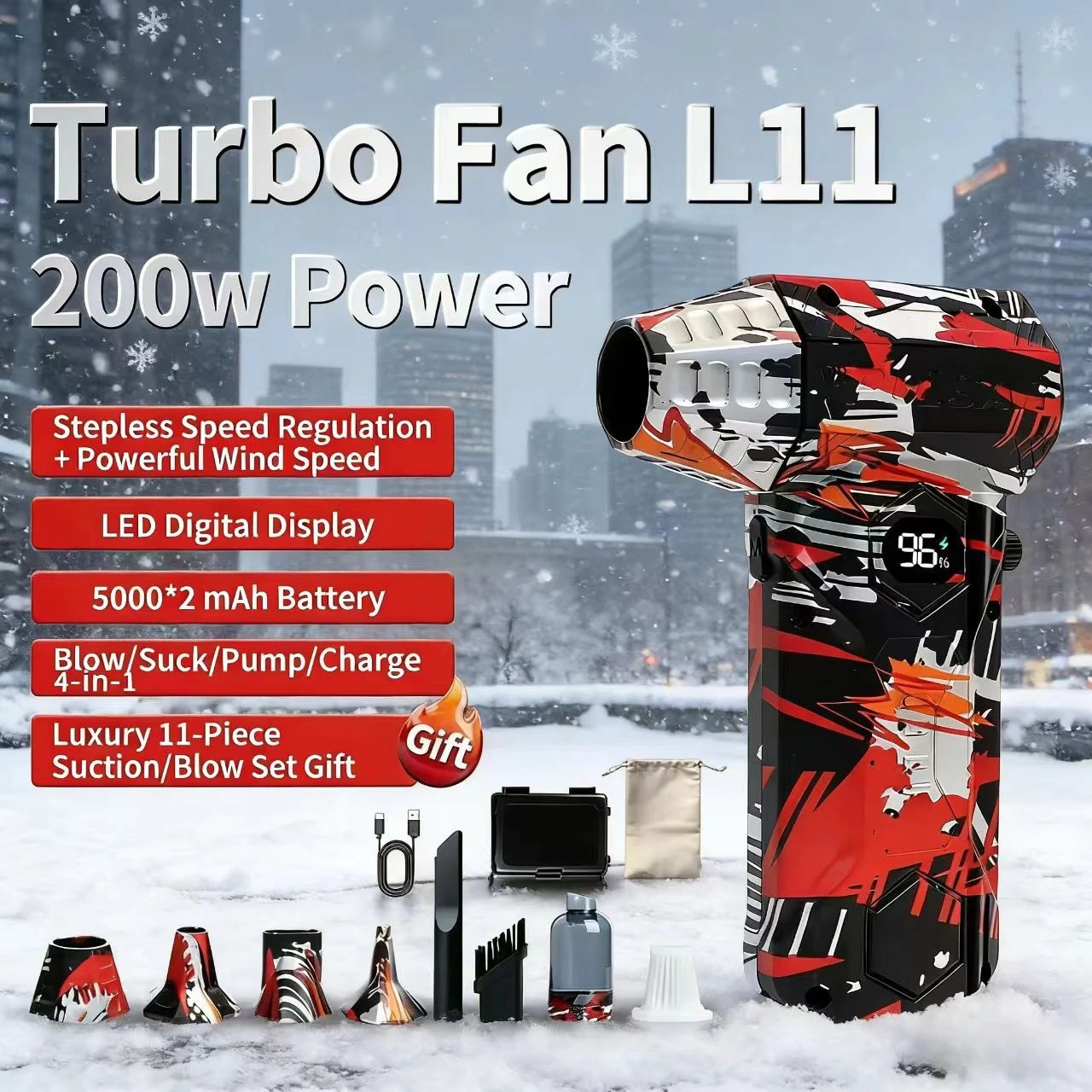 

L11 Powerful Turbo Jet Blower 450000RPM Brushless Fan Vacuum Cleaner Strong Winds 53m/s Type-C Fast Charging