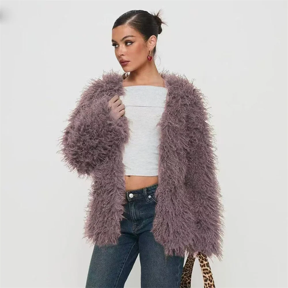 Abrigo de invierno de piel sintética para mujer, abrigo de lana de imitación gruesa de felpa, ropa informal con botones ocultos a la moda para mujer, abrigos de invierno para mujer