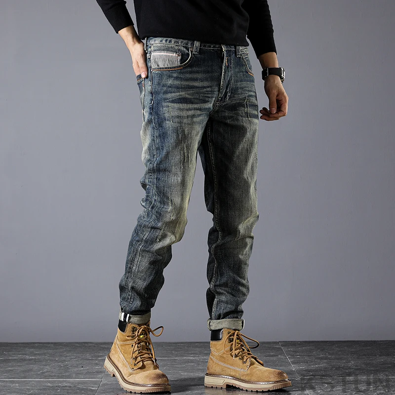 Jeans de Luxe Slim et Droit pour Homme, Pantalon en Denim, Hip Hop, Rétro, Bleu, Vêtements de Styliste, Original, FJ2024, Automne