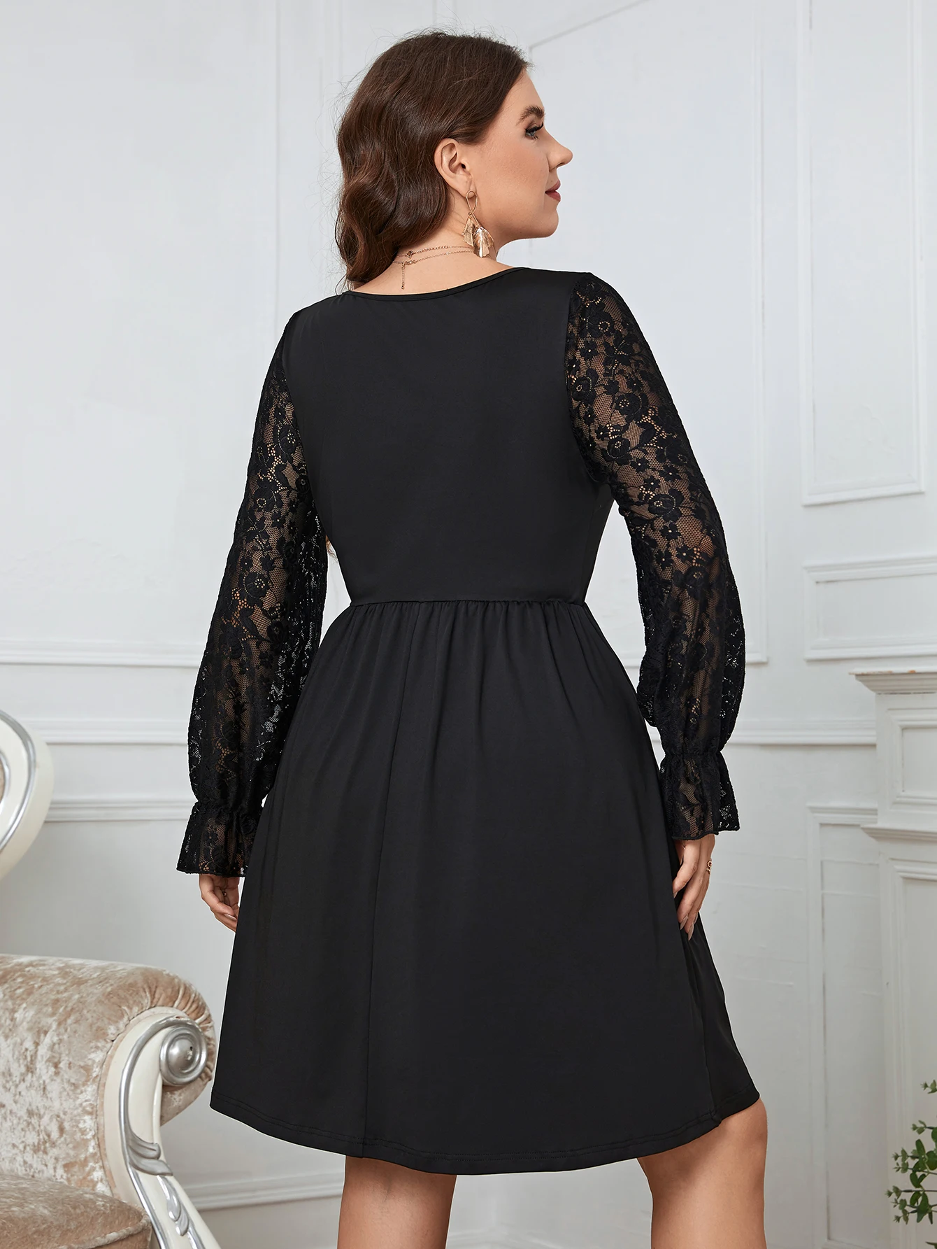 KEBY ZJ Plus Size Women Clothing Elegant Lace Puff Long Sleeve Party Dresses Black Chiffon Polyester Short Big Size Female Dress