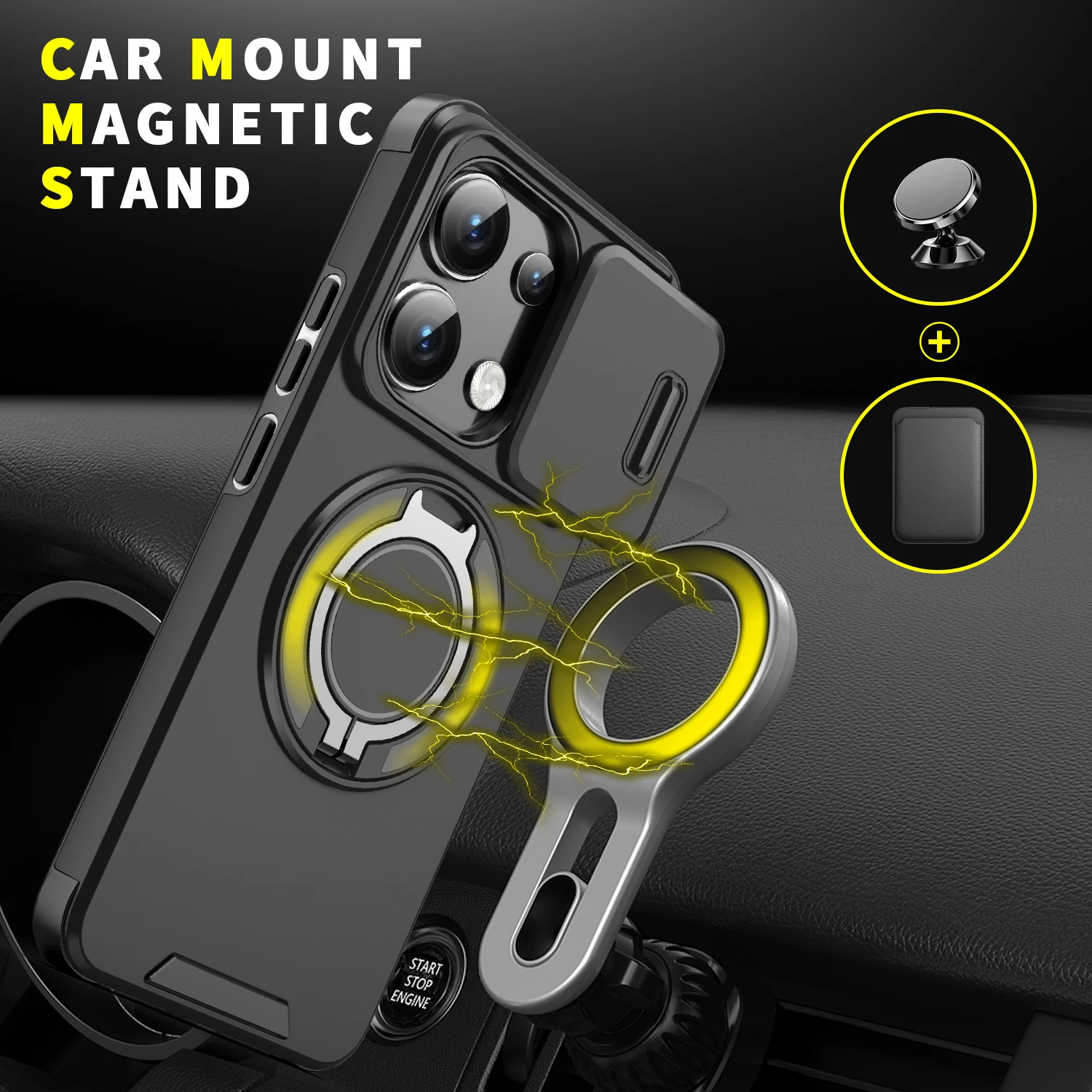 

Soft Silicone Phone Case For Redmi Note 13 Pro Plus 5G 4G Metal Holder Lens Protection Cover Cases Magnetic Wireless Charging