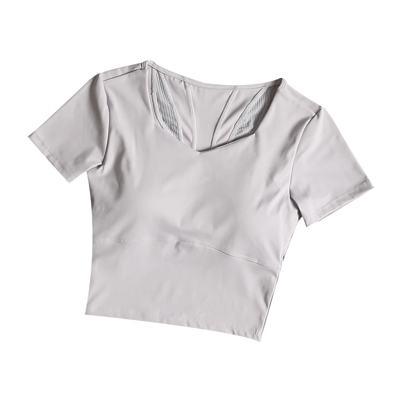 Yoga suit with chest pad for short-sleeved women's summer breathable running sports top professional fitness Pilates training