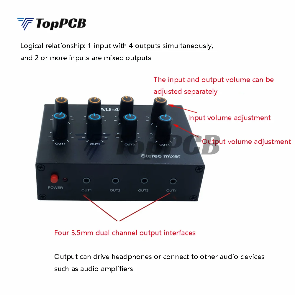 AU-404 Stereo Sound Source Four Multi Input Output Mixer Dual Channel Audio Music Mixing Four In Four Out