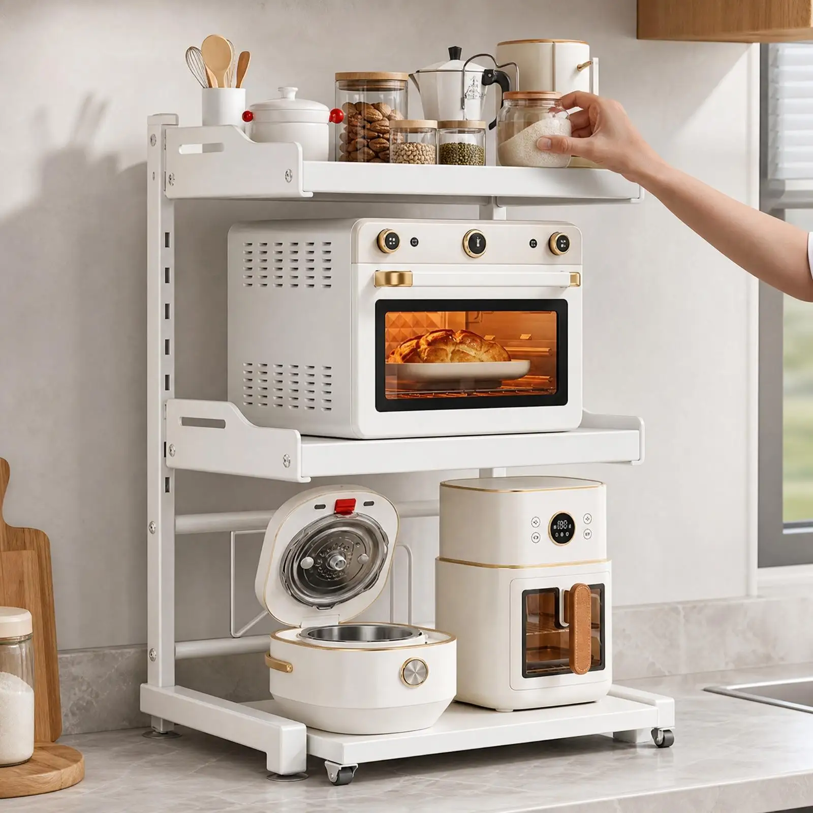 Multi-Level Kitchen Rack with Pull-out Shelves Space-Saving Carbon Steel Kitchen Storage Rack Adjustable Microwave Shelf with