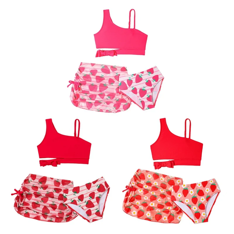 

Girls Bikini Set Kids Swimwear Bathing Suit Three Piece Strawberry Print Swimsuit Kids High Waist Brief Skirt Bathing Suit