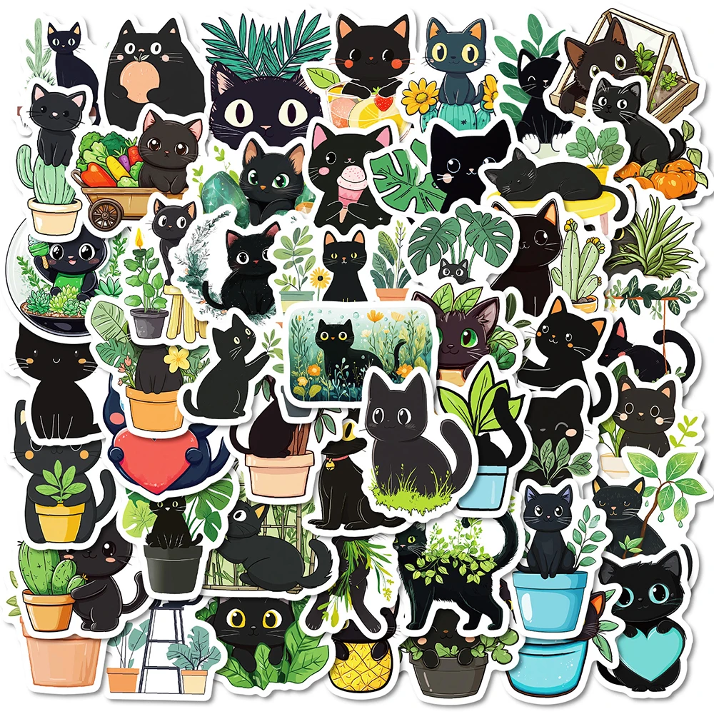 

10/30/50pcs Cute Green Plant Potted Black Cat Stickers Fun Cartoon Kid DIY Decals Toy Laptop Notebook Phone PVC Graffiti Sticker