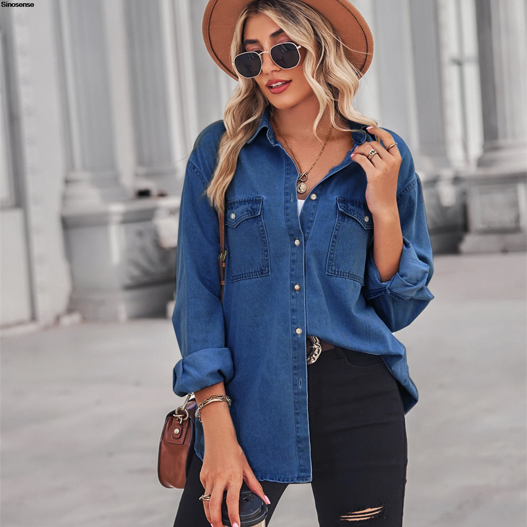 Women Button Down Denim Shirt Casual Long Sleeve V Neck Chambray Blouse Top Boyfriend Style Loose Fit Daily Wear Jean Shirts