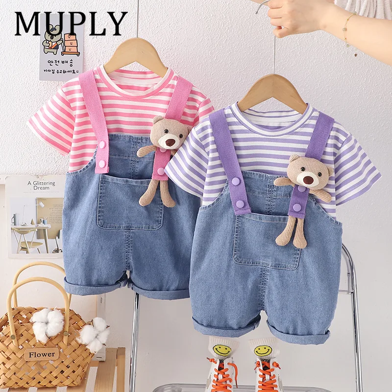 Cute Baby Girl Clothes New Summer Fashion Striped Short Sleeve Tops and Denim Overalls Shorts Two Piece Girls Outfits Sets