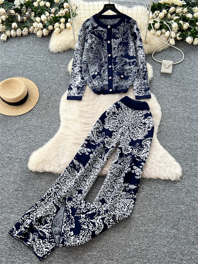 

Winter Women Print 2pcs Sets O Neck Single Breasted Cardigan+Wide Leg Pants Autumn Senior Casual Knit Outfits 2025костюм женский