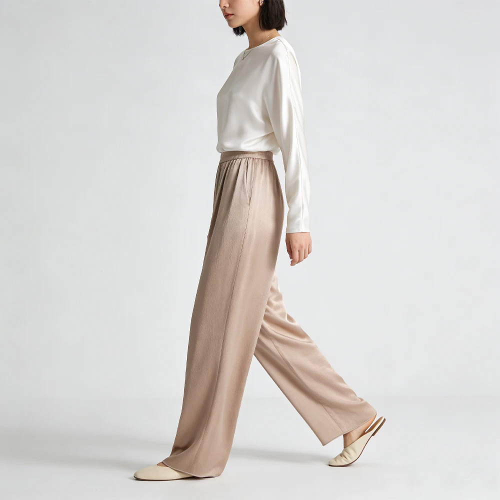2026 Women's Fashion Spring Clothing 100% Natural Mulberry Silk Pearl Satin Champagne Elastic Waist Pocket Design Straight Pants