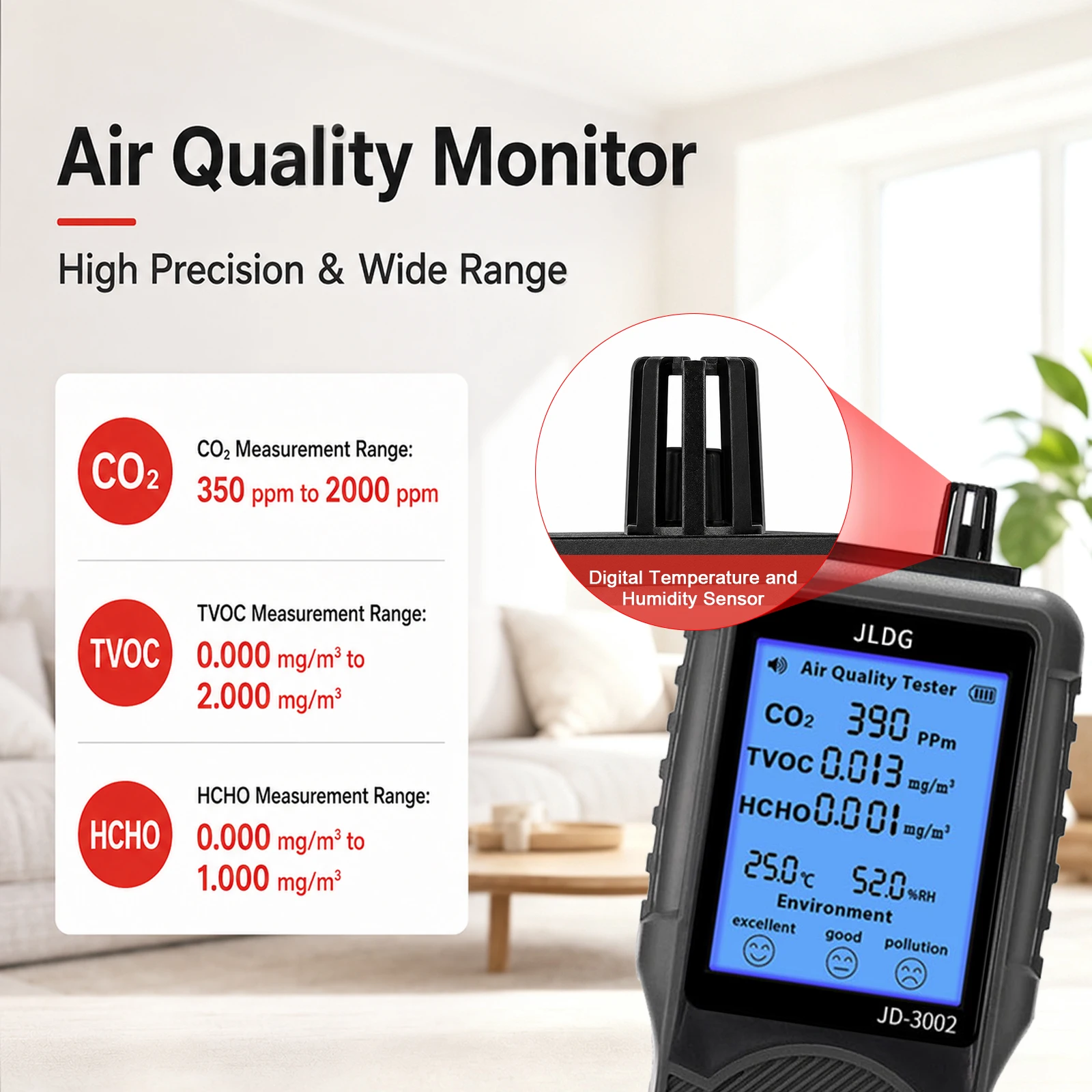 5-in-1 Air Quality Monitor, CO2 VOC Formaldehyde Detector with Temperature Humidity, Real-Time Tester for Home/Office