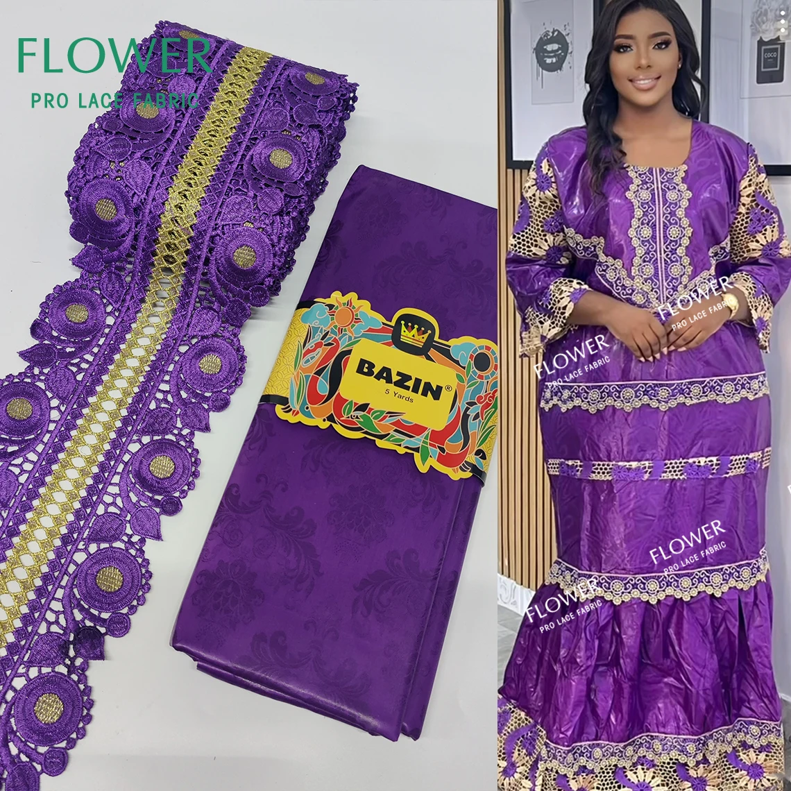 

2025 фиолетовый африканский женский Базен Риш с кружевной лентой для невесты, свадебное платье, аксессуары для самостоятельного изготовления, ткани для бассейна