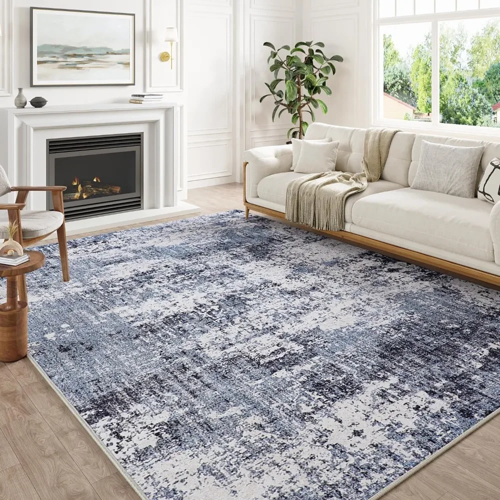 

Modern Abstract Blue Rug 8x10 Machine Washable Area Rug Kitchen Indoor Accent Rug Low Pile Carpet