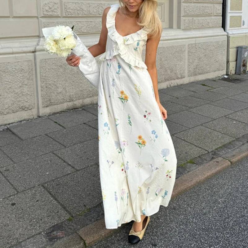 Abito lungo da donna con stampa grafica Boho Beach Scollo a V con volant Abito a trapezio Abito elegante da donna con allacciatura senza schienale Abito lungo