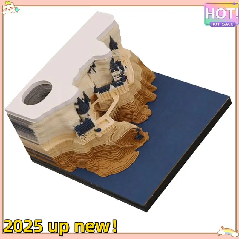 Classy-1 Set 3D Castle Calendar With LED Lights Paper Carving Art Desk Calendar Magic Castle Weekly Calendar Notepad Pen Holder